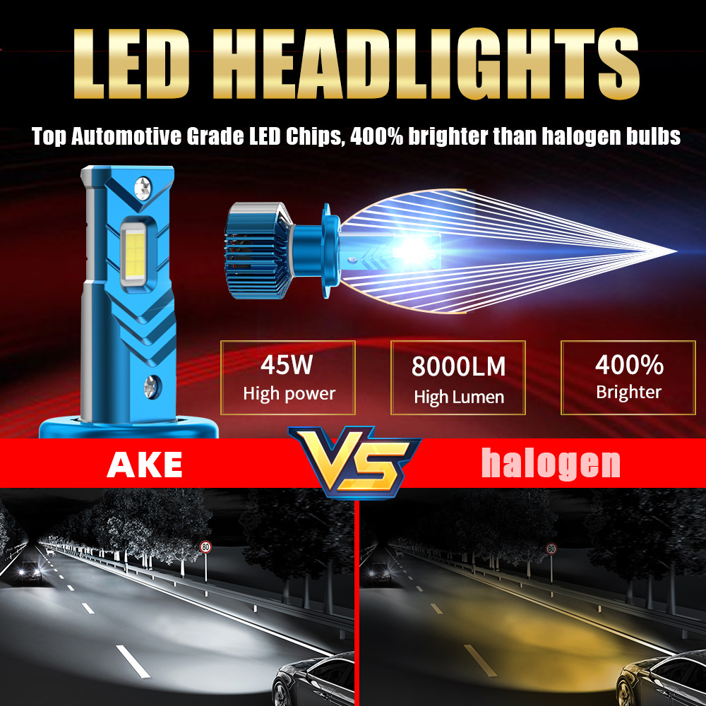 AKE 45watt Hi-low beam h4 led headlights Universal 6000K White led h7 car led headlight bulb 12V h11 led headlight with canbus