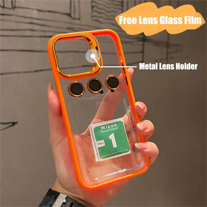 Metal Lens Holder Acrylic Back Shockproof Cover For iPhone 15 14 Pro Max Clear Shell Phone Case With Camera Lens Protector