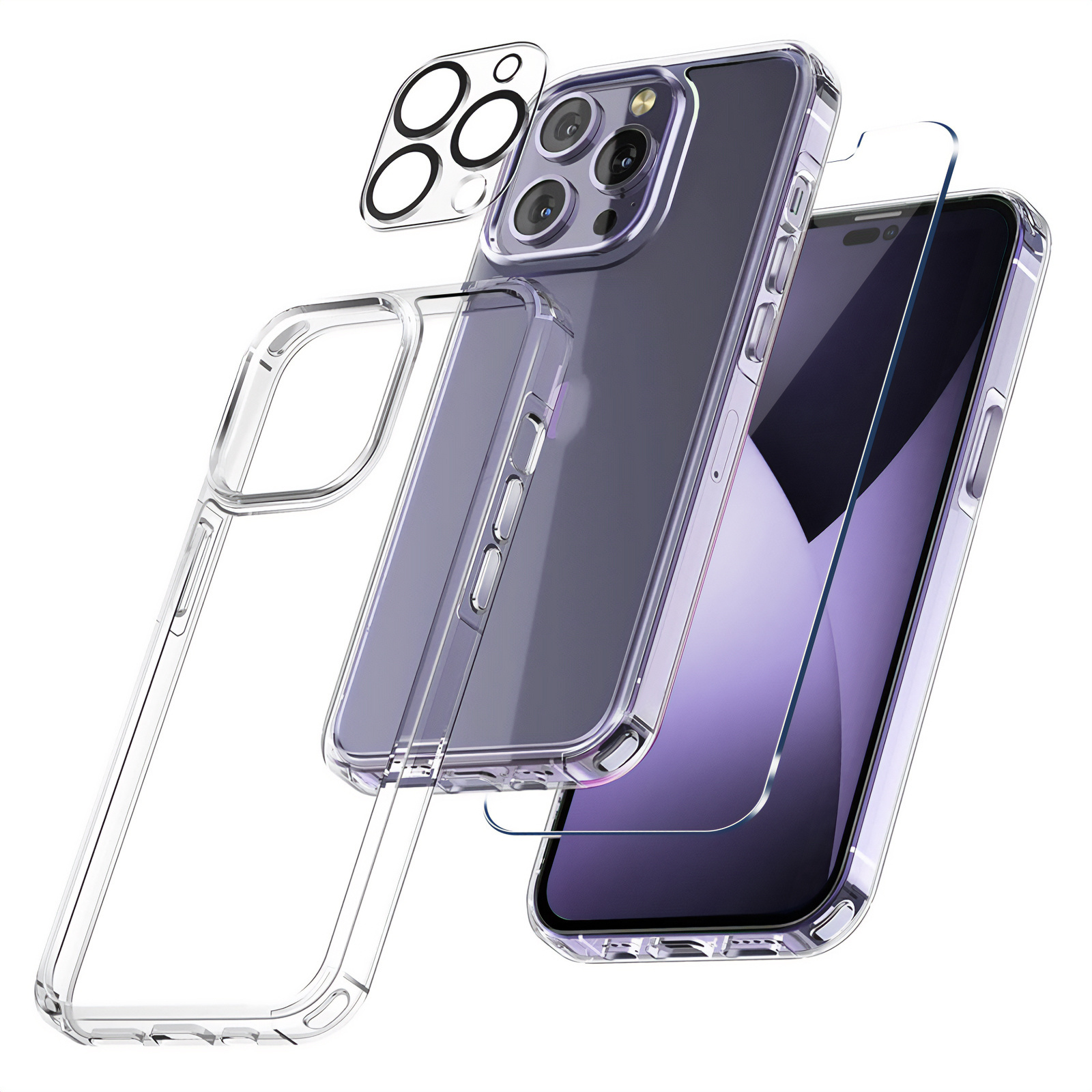 Factory 4 in 1 Magnetic Clear Case Set For iPhone 15 14 Pro Case 2 Pack Tempered Glass Screen Protector Camera Lens Protection