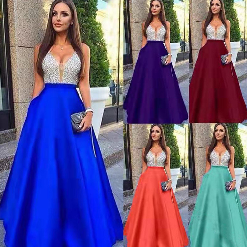 Wholesale New Fashion Women Sexy V-neck Translucent Long Sleeve Sequin Mesh Long Dress Party Evening Dress