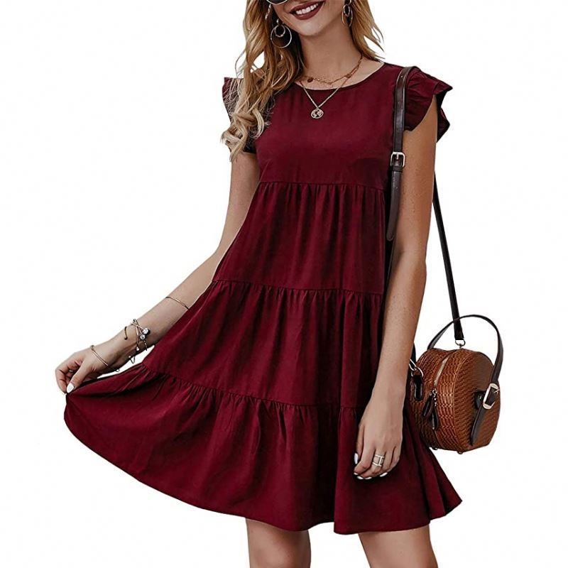 New Fashion Women Summer Dress Pure Color Round Collar Short Sleeve Casual Cake Ruffles Big Swing Clothes Dress