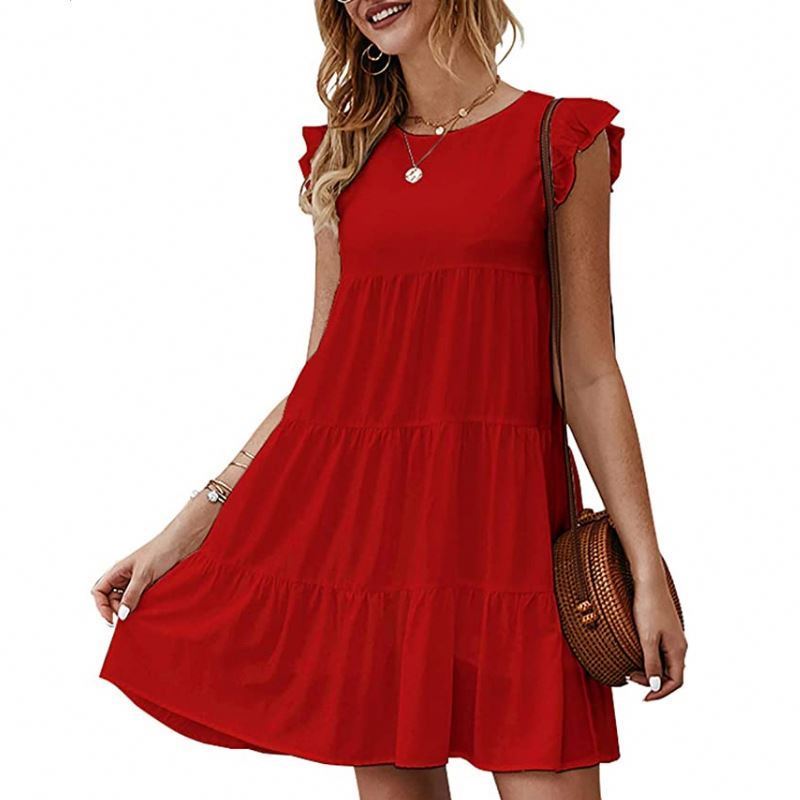 New Fashion Women Summer Dress Pure Color Round Collar Short Sleeve Casual Cake Ruffles Big Swing Clothes Dress