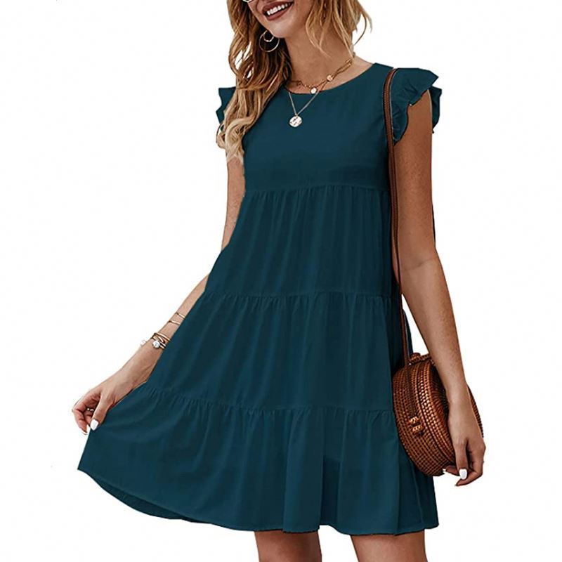 New Fashion Women Summer Dress Pure Color Round Collar Short Sleeve Casual Cake Ruffles Big Swing Clothes Dress