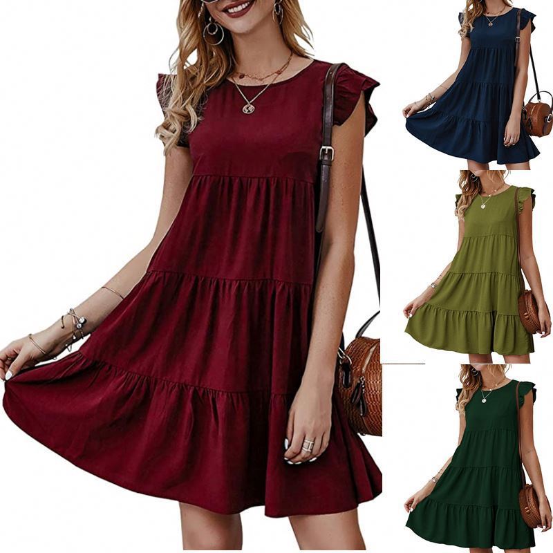 New Fashion Women Summer Dress Pure Color Round Collar Short Sleeve Casual Cake Ruffles Big Swing Clothes Dress