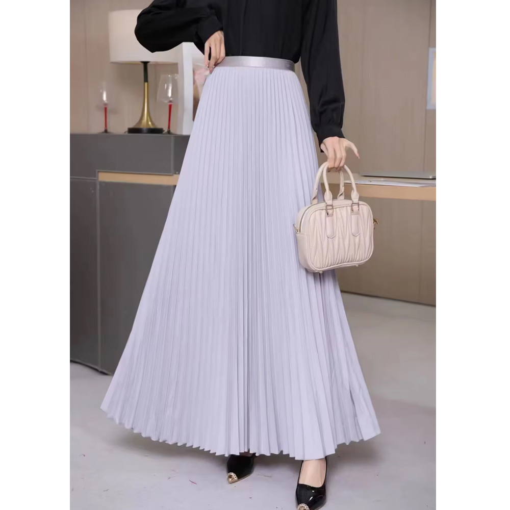 2024 Women Spring New Long Pleated Long Skirt Elastic High Waist Big Swing Solid Color A-line Women's Lady Elegant Half skirt