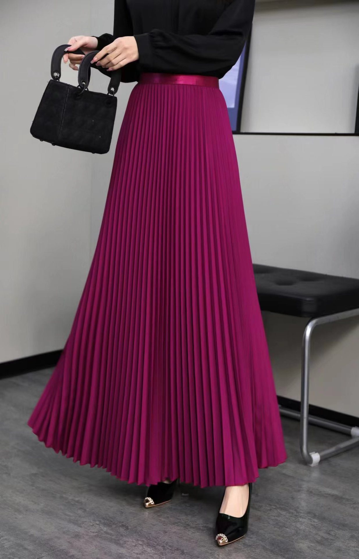 2024 Women Spring New Long Pleated Long Skirt Elastic High Waist Big Swing Solid Color A-line Women's Lady Elegant Half skirt