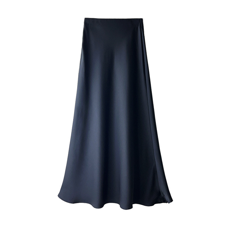 S-2XL Spring Summer New High Waist Silk Satin 2024 Women's A-line Skirt Lady Elegant Swing Solid Color Soft Midi Long Skirt