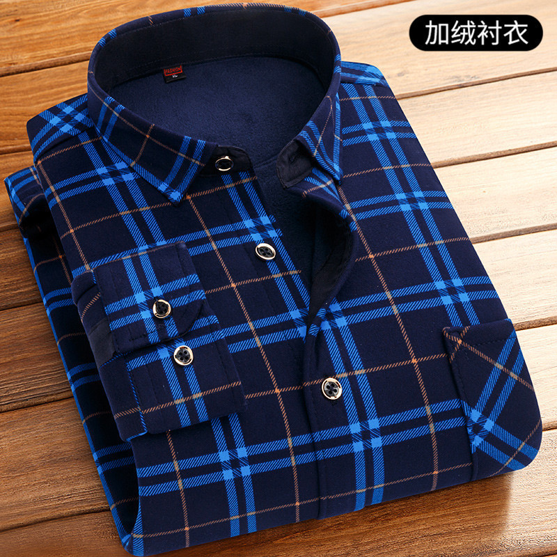 Men Autumn Winter Fleece Warm Shirts Long Sleeve Plaid Lapel Button Wholesale Men's Shirt Tops Fashion Casual Shirt