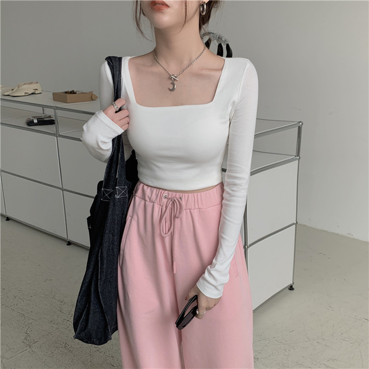 Wholesale spring Korean women bottoming shirt long sleeve sexy women's girl style short tops square collar casual T-shirt