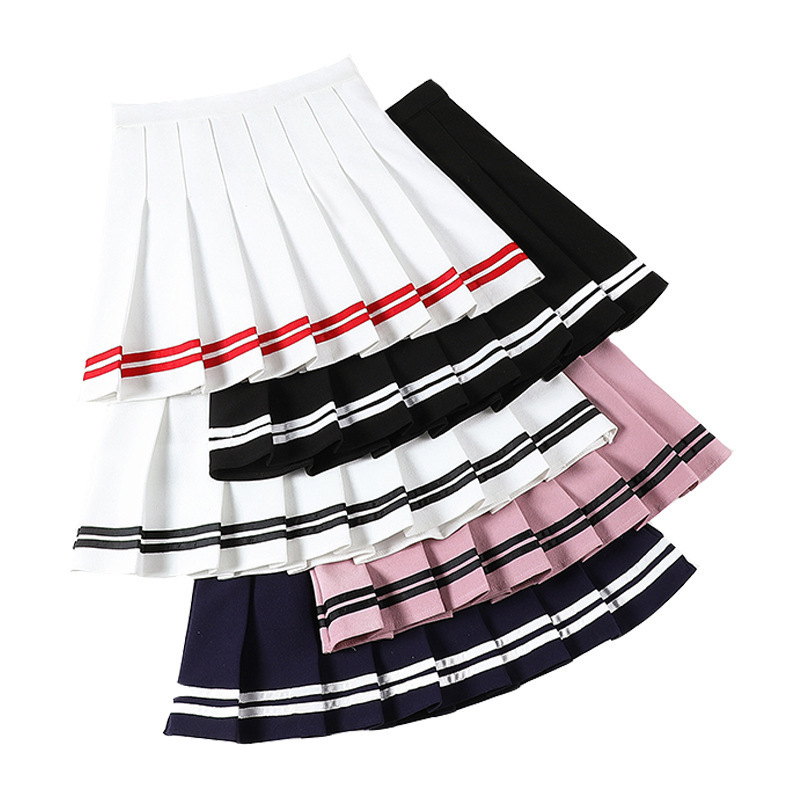 Women Pleated Skirt Zipper Preppy Style Stretch Striped Skirts High Waist A-line School Uniforms Ladies Cute Casual Short Skirt