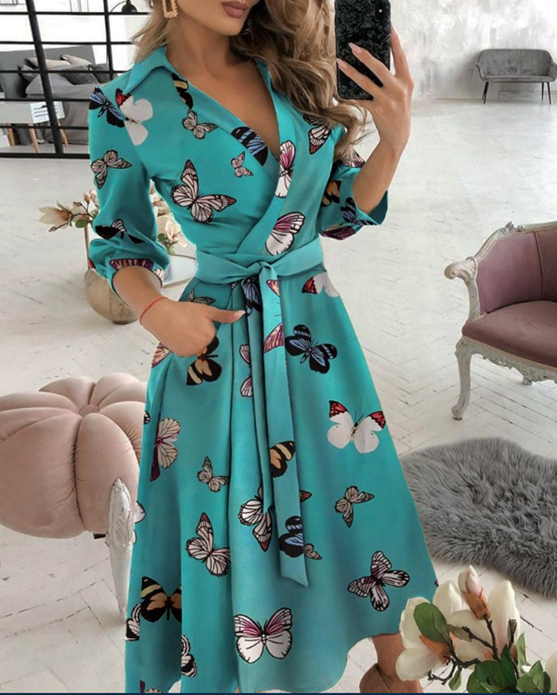 2021 New Fashion Women Lady Spring Summer Long Sleeve Lapel V-neck Lace Up Belt Printed Long Casual Dress