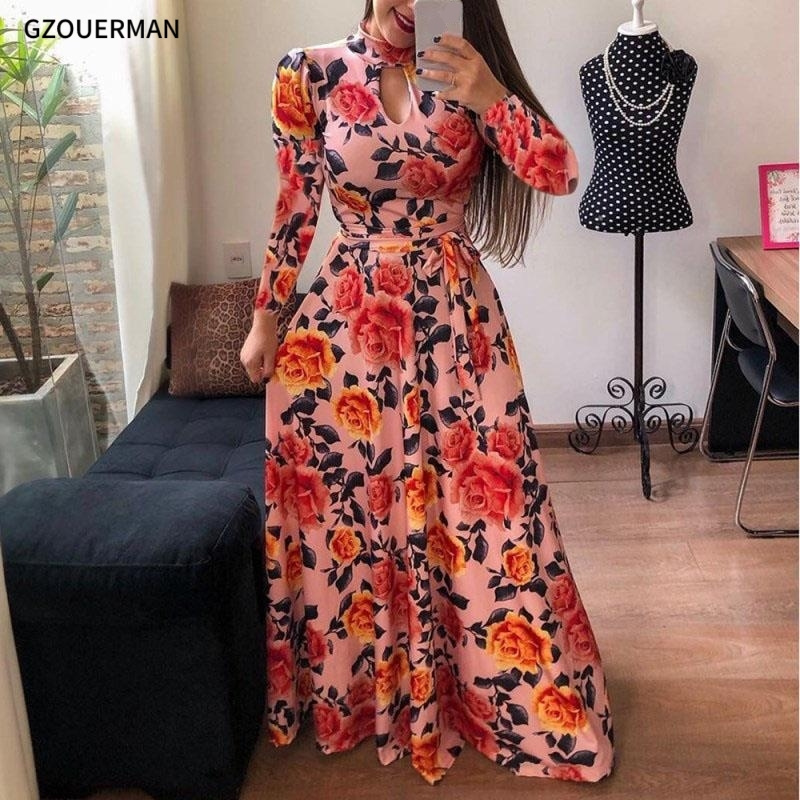 wholesale fashion Long sleeves women beach dress colorful stock Floral Long Maxi Women Dress