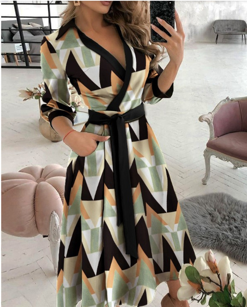 2021 New Fashion Women Lady Spring Summer Long Sleeve Lapel V-neck Lace Up Belt Printed Long Casual Dress