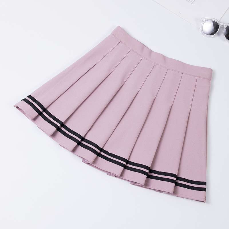 Women Pleated Skirt Zipper Preppy Style Stretch Striped Skirts High Waist A-line School Uniforms Ladies Cute Casual Short Skirt