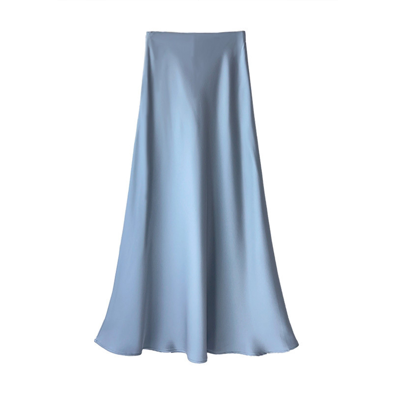 S-2XL Spring Summer New High Waist Silk Satin 2024 Women's A-line Skirt Lady Elegant Swing Solid Color Soft Midi Long Skirt