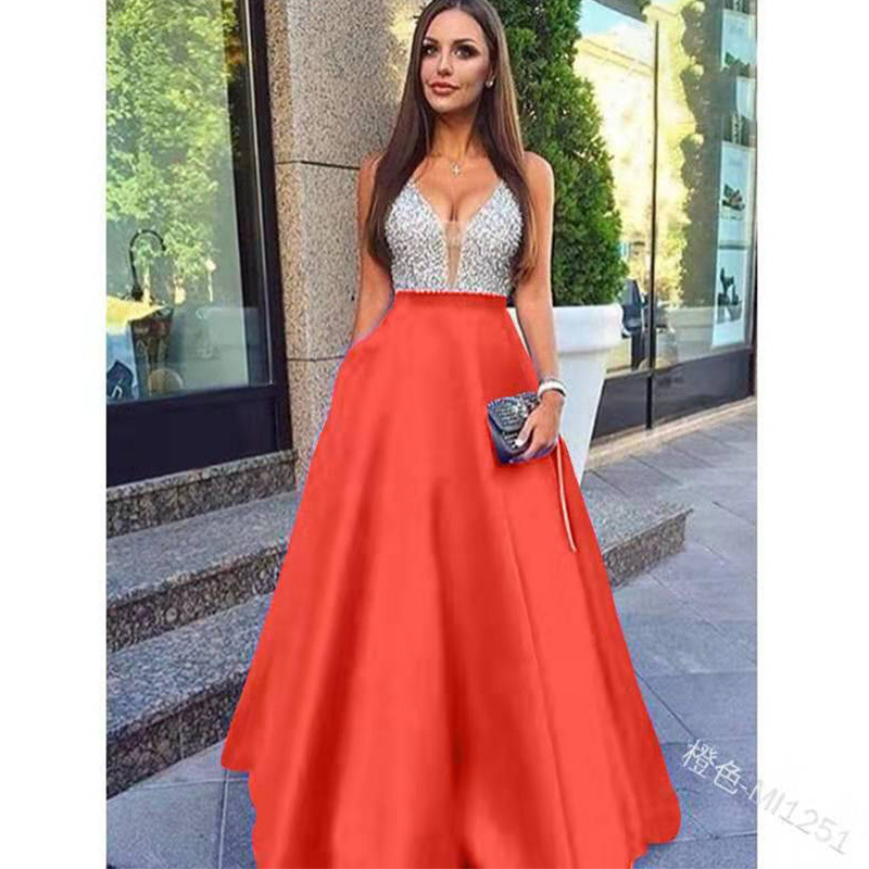 Wholesale New Fashion Women Sexy V-neck Translucent Long Sleeve Sequin Mesh Long Dress Party Evening Dress