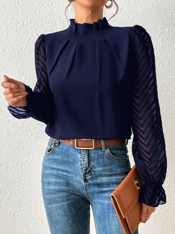 European American Women Autumn Winter New Half-high Neck Splicing Wavy Chiffon Long-sleeved Causal Lady's Tops Blouse Shirt