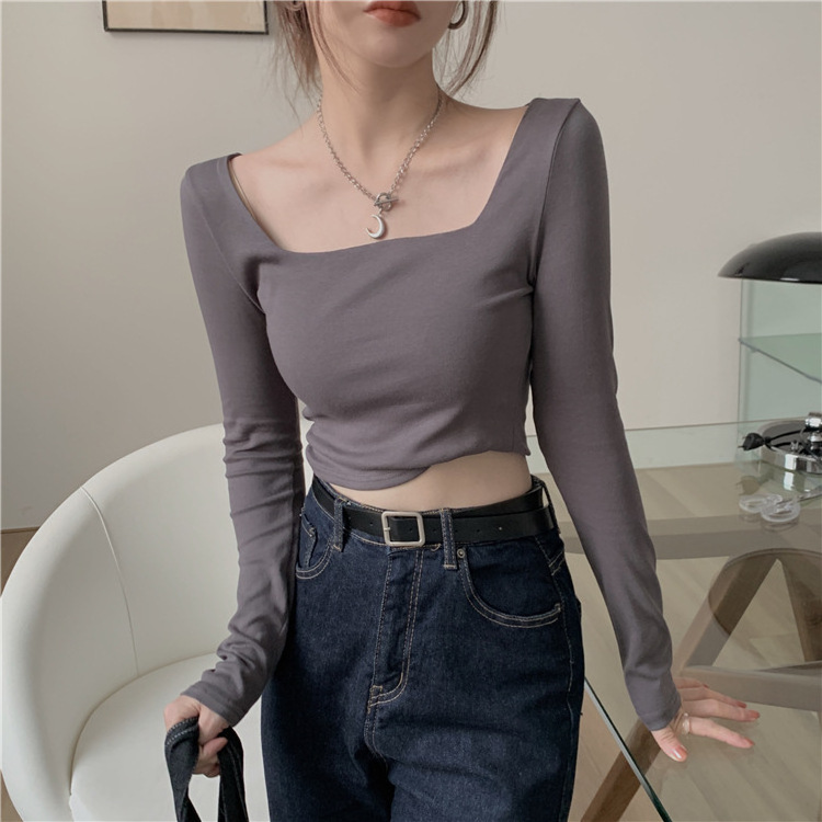 Wholesale spring Korean women bottoming shirt long sleeve sexy women's girl style short tops square collar casual T-shirt