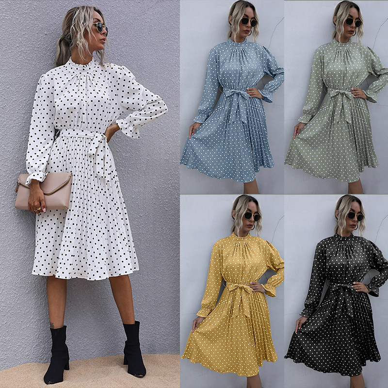 Spring Europe retro design women's long-sleeve turtleneck dress A-line spot solid color printing lace up slim dress