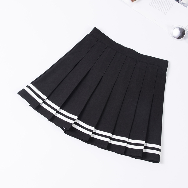 Women Pleated Skirt Zipper Preppy Style Stretch Striped Skirts High Waist A-line School Uniforms Ladies Cute Casual Short Skirt