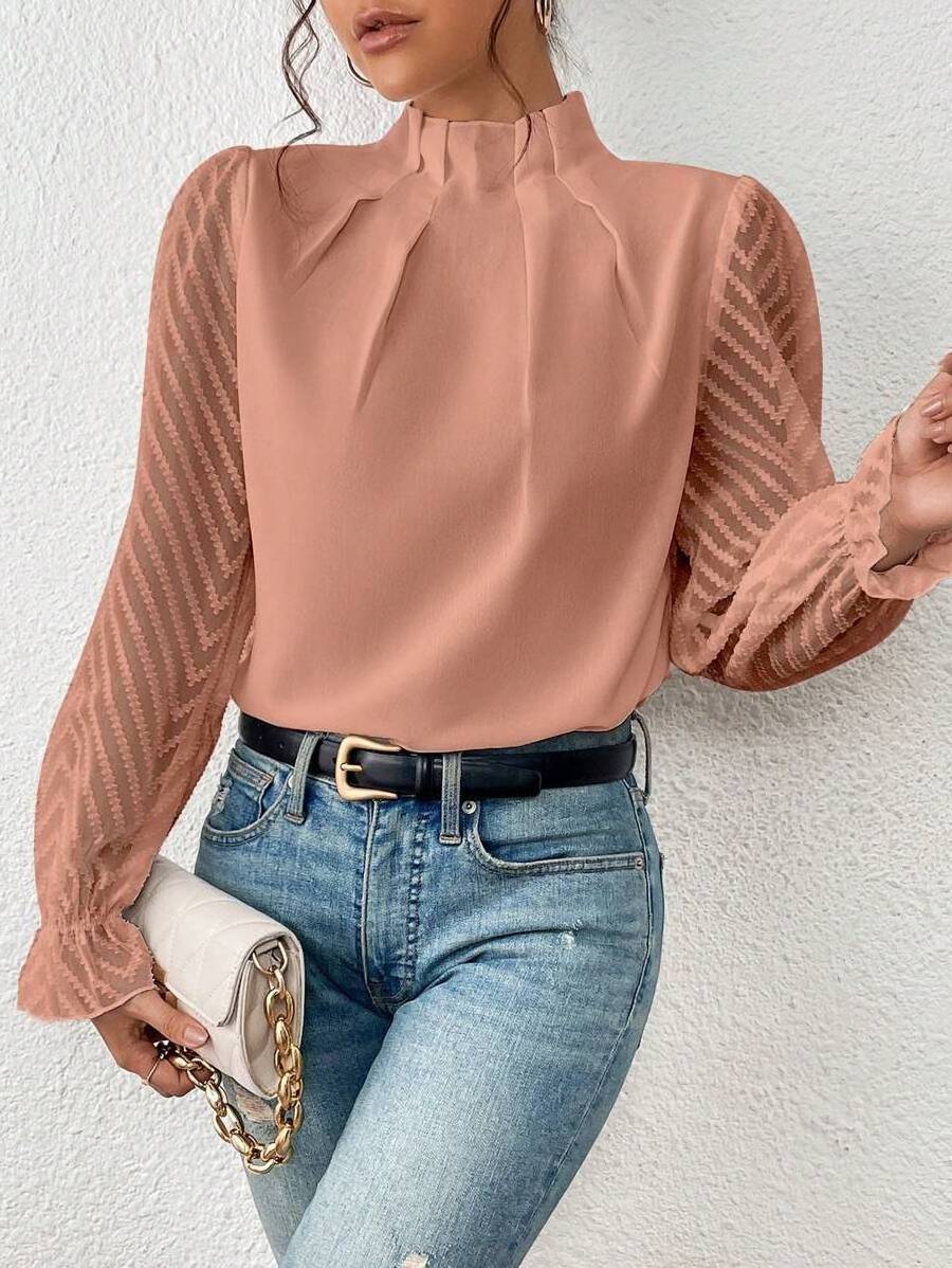 European American Women Autumn Winter New Half-high Neck Splicing Wavy Chiffon Long-sleeved Causal Lady's Tops Blouse Shirt