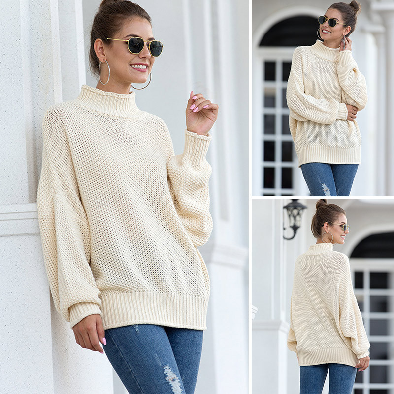 New Fashion Women Girls Loose High Collar Batwing Sleeve Casual Hemming Knit Pullover Thick Knitwear Sweater