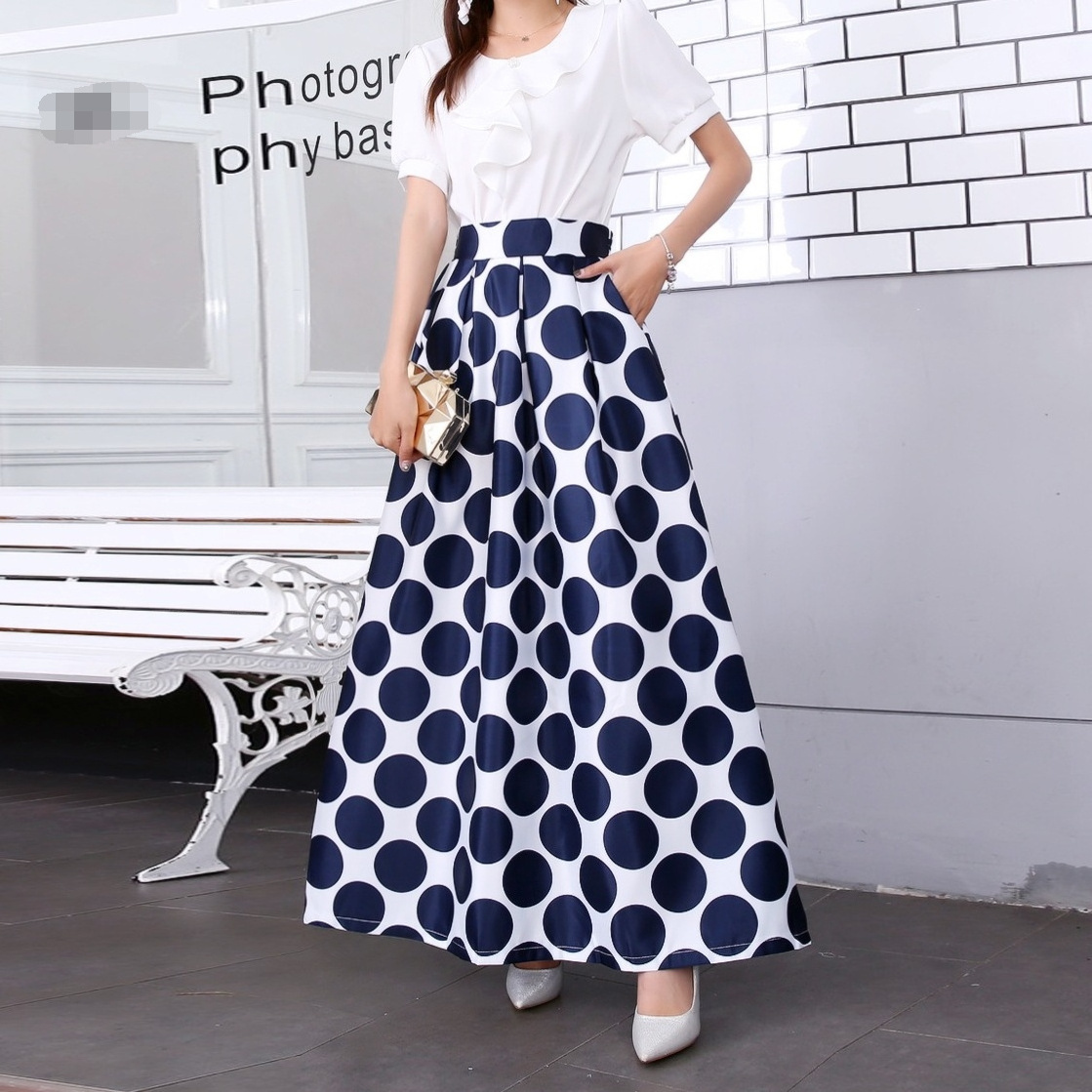 Women White Contrast Floral Dot Printed Maxi Skirt Flared Women's Umbrella Dress Long Summer Beach Casual Skirts