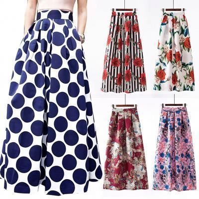 Women White Contrast Floral Dot Printed Maxi Skirt Flared Women's Umbrella Dress Long Summer Beach Casual Skirts