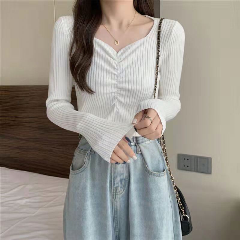 Autumn winter square collar ruffled short long sleeve bottom knit women's 2022 Korean version new pullover