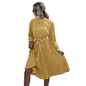 Spring Europe retro design women's long-sleeve turtleneck dress A-line spot solid color printing lace up slim dress