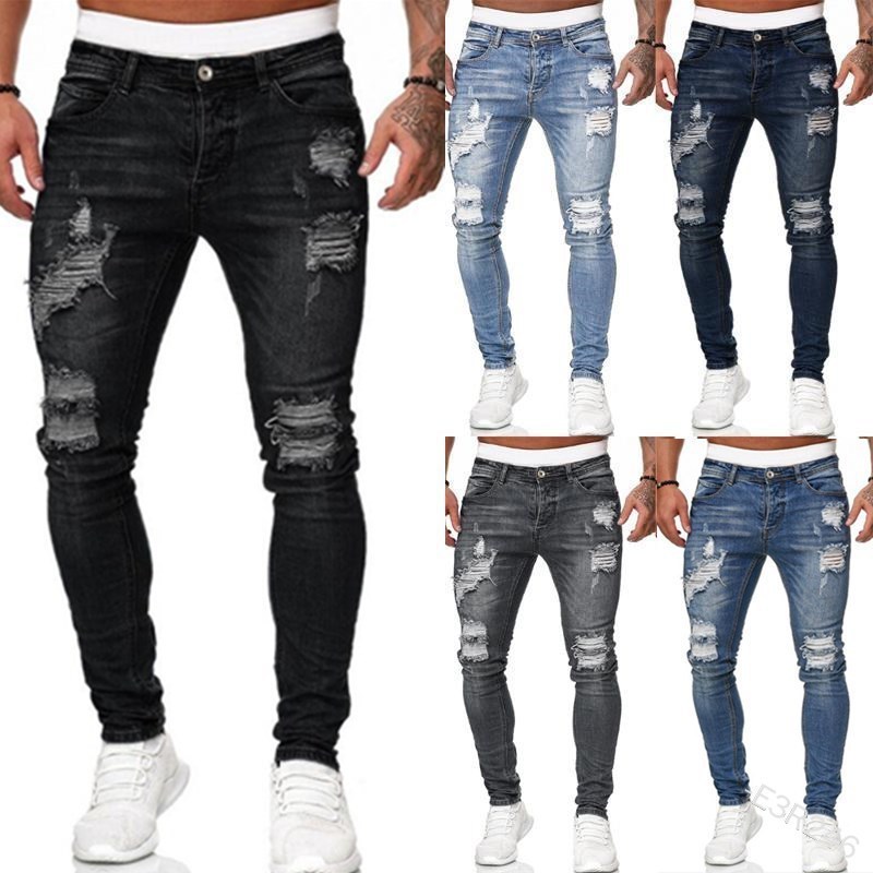 2021 Wholesale Latest Design High Quality For Men's Ripped Jeans Fashion Solid Color Slim In Stock  Ready To Ship Jeans