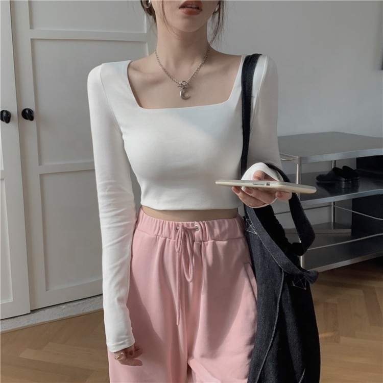 Wholesale spring Korean women bottoming shirt long sleeve sexy women's girl style short tops square collar casual T-shirt