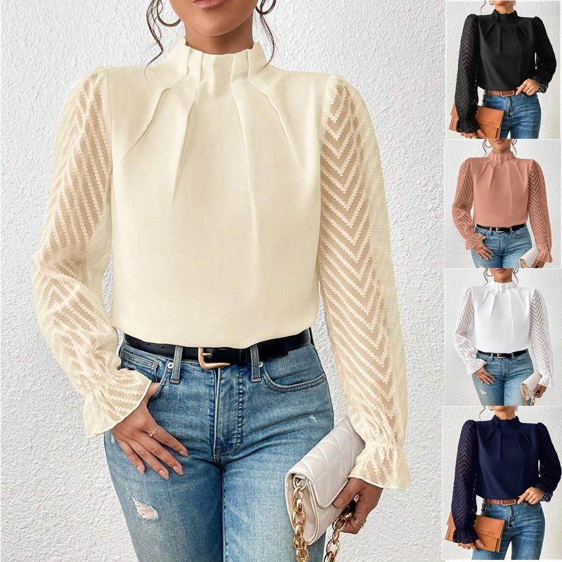 European American Women Autumn Winter New Half-high Neck Splicing Wavy Chiffon Long-sleeved Causal Lady's Tops Blouse Shirt