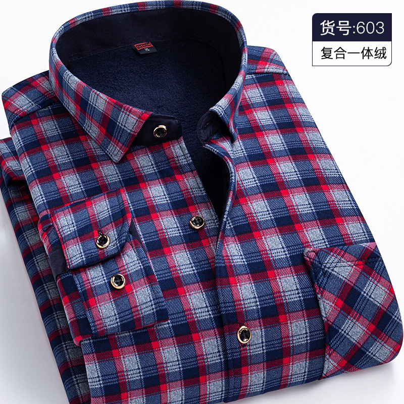 Men Autumn Winter Fleece Warm Shirts Long Sleeve Plaid Lapel Button Wholesale Men's Shirt Tops Fashion Casual Shirt