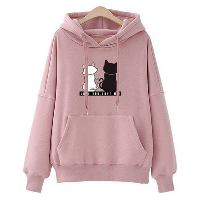 Fashion Printed Long Sleeve Hoodies Women Spring Autumn Hooded Pullover Tops Cartoon Cat Printing Fleece Casual Hoodies