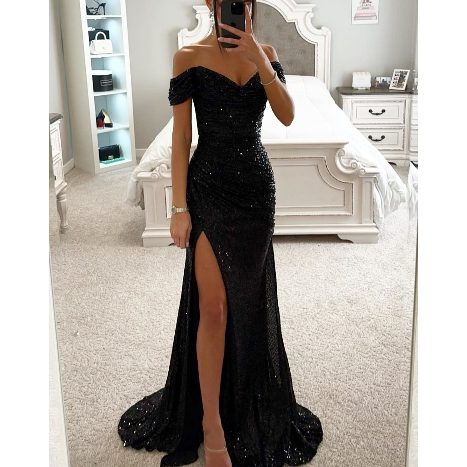 Women's Evening Dress Gold Prom Dress Bling Mermaid Sequined Ladies Formal Wear Gowns