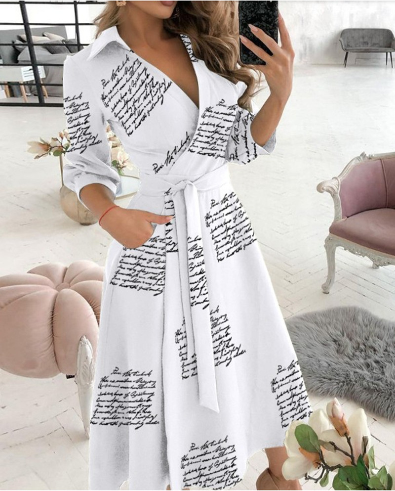 2021 New Fashion Women Lady Spring Summer Long Sleeve Lapel V-neck Lace Up Belt Printed Long Casual Dress