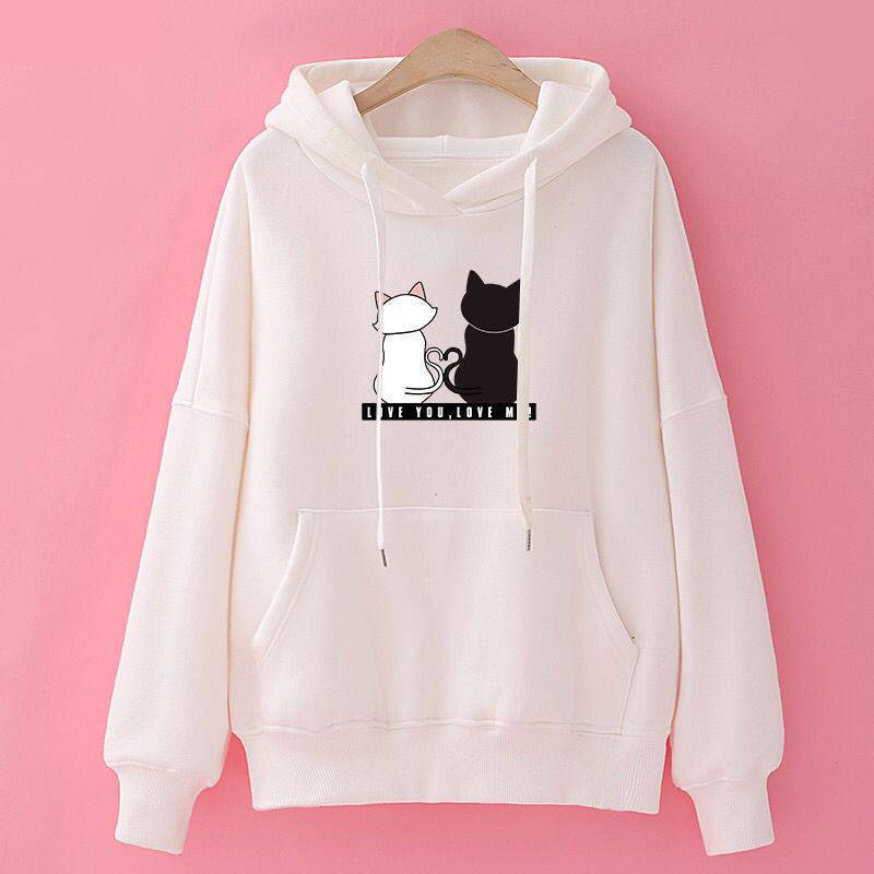 Fashion Printed Long Sleeve Hoodies Women Spring Autumn Hooded Pullover Tops Cartoon Cat Printing Fleece Casual Hoodies