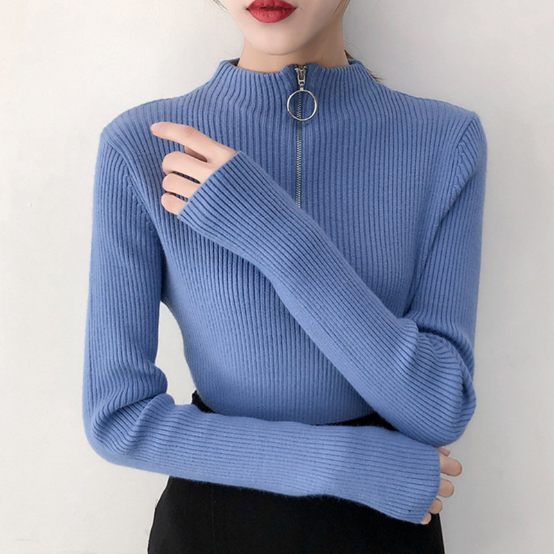 Women Spring Autumn Zipper Stand Collar Slim Knitwear Korean Style Solid Color Sweater Knit Long Sleeve Tops Knitwear