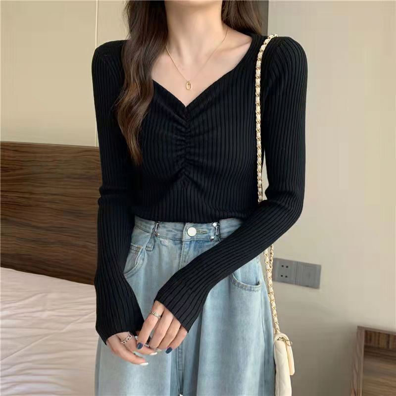 Autumn winter square collar ruffled short long sleeve bottom knit women's 2022 Korean version new pullover