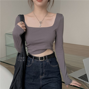 Wholesale spring Korean women bottoming shirt long sleeve sexy women's girl style short tops square collar casual T-shirt