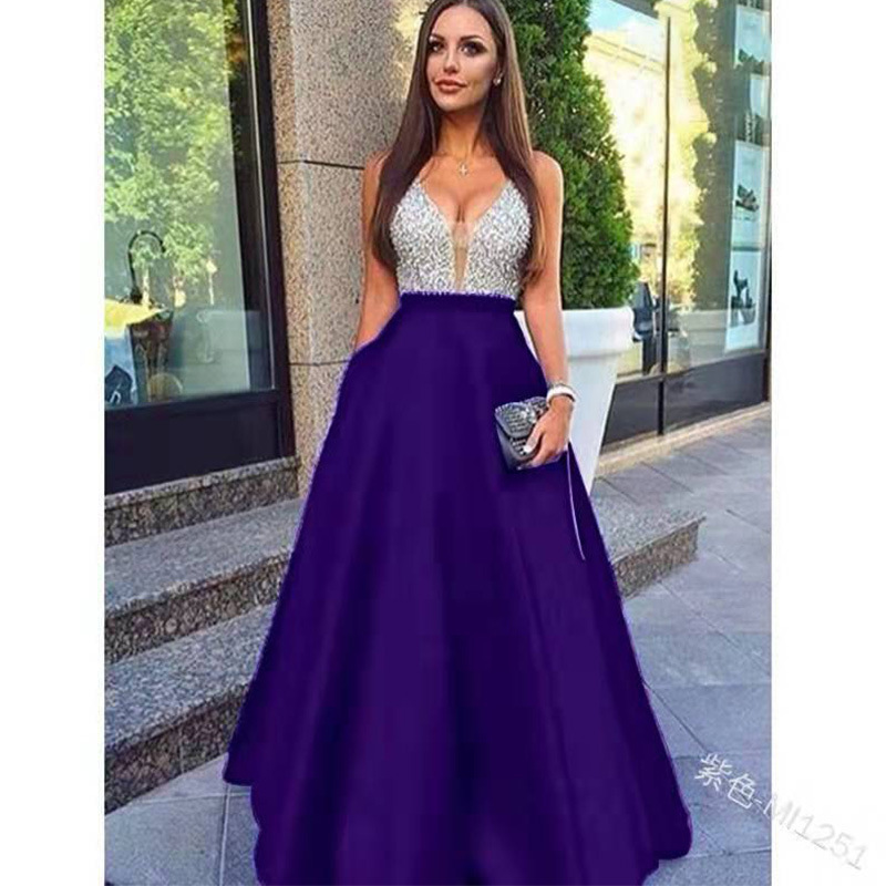 Wholesale New Fashion Women Sexy V-neck Translucent Long Sleeve Sequin Mesh Long Dress Party Evening Dress