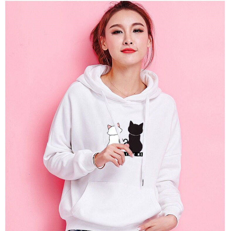 Fashion Printed Long Sleeve Hoodies Women Spring Autumn Hooded Pullover Tops Cartoon Cat Printing Fleece Casual Hoodies