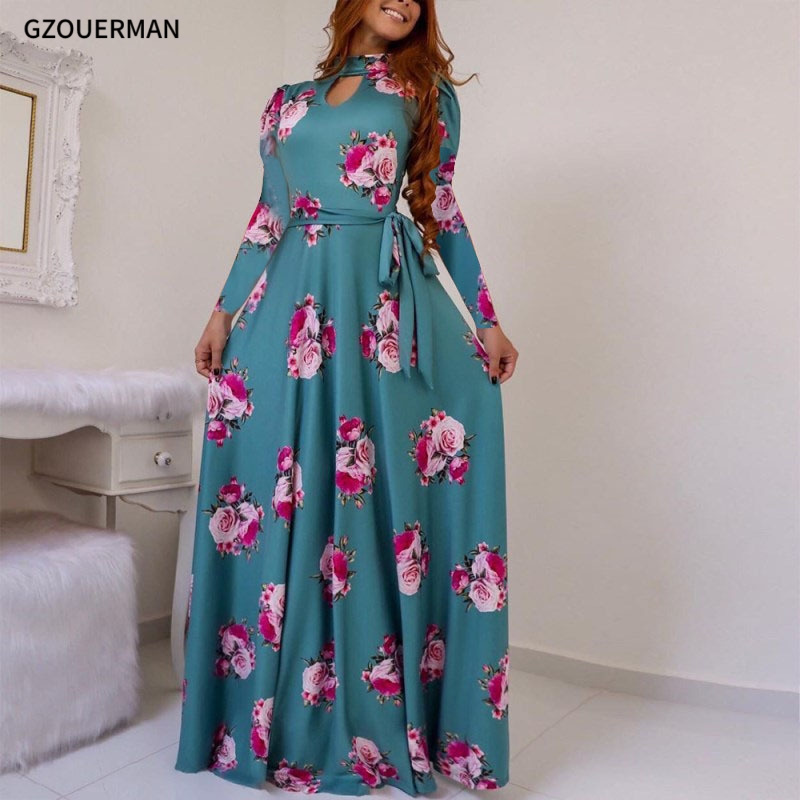 wholesale fashion Long sleeves women beach dress colorful stock Floral Long Maxi Women Dress