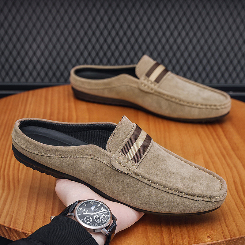 New Men Youth SLIP-ON Dress Bean Shoes PU Velour Leather Summer Spring Half Slipper Flats Loafers Breathable Casual Shoes