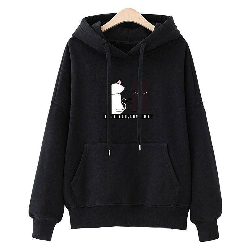 Fashion Printed Long Sleeve Hoodies Women Spring Autumn Hooded Pullover Tops Cartoon Cat Printing Fleece Casual Hoodies