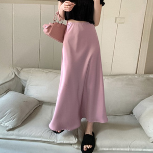 S-2XL Spring Summer New High Waist Silk Satin 2024 Women's A-line Skirt Lady Elegant Swing Solid Color Soft Midi Long Skirt