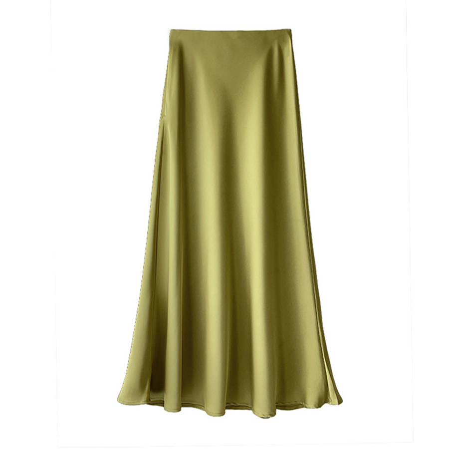 S-2XL Spring Summer New High Waist Silk Satin 2024 Women's A-line Skirt Lady Elegant Swing Solid Color Soft Midi Long Skirt