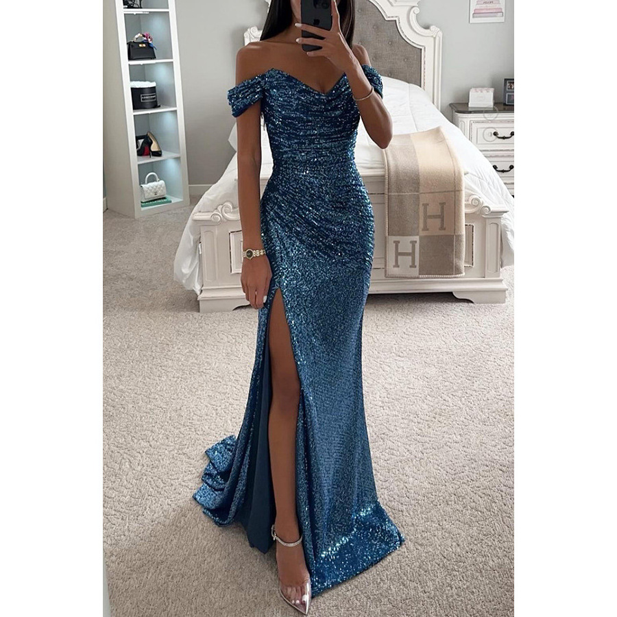 Women's Evening Dress Gold Prom Dress Bling Mermaid Sequined Ladies Formal Wear Gowns