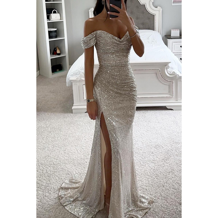 Women's Evening Dress Gold Prom Dress Bling Mermaid Sequined Ladies Formal Wear Gowns